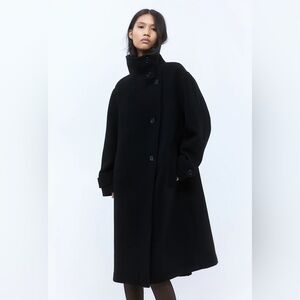 H&M Black Oversized Button-Front Wool Coat